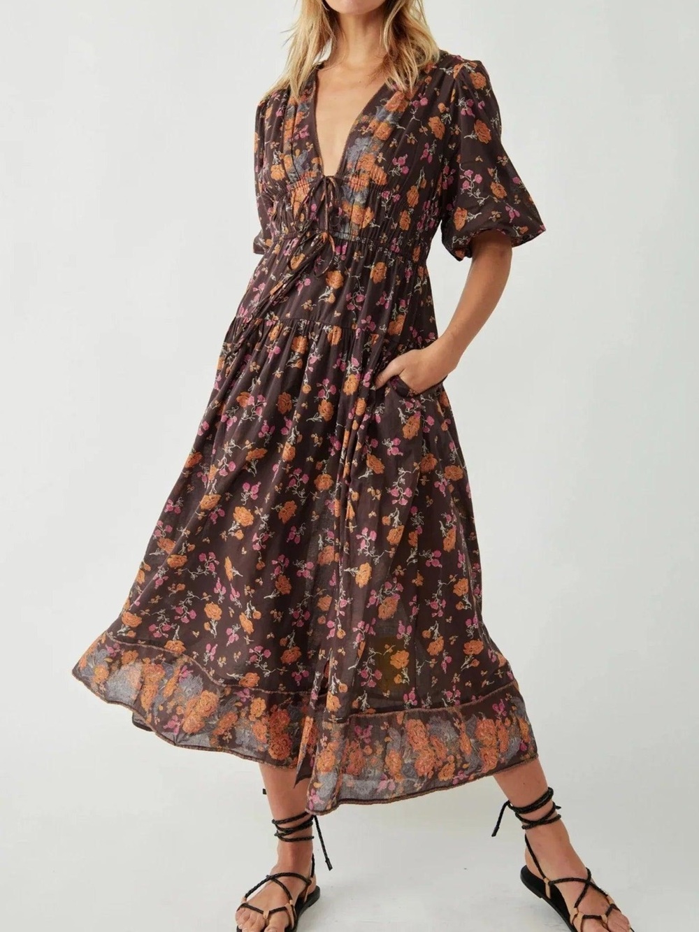 Free People Lysette brown boho floral maxi dress
